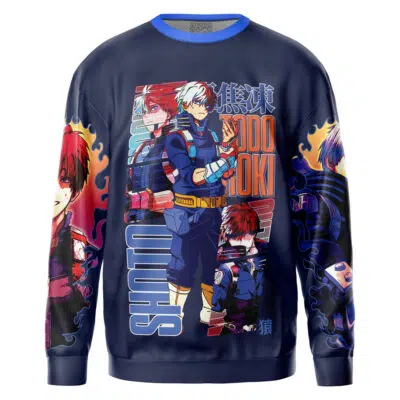 A navy blue sweatshirt featuring illustrated images of Midoriya Izuku from My Hero Academia, with his name and dynamic poses, set against vibrant streetwear-style graphics on the front and sleeves.