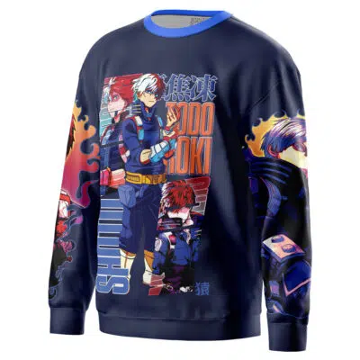 A navy blue sweatshirt featuring vibrant anime-style illustrations of Midoriya Izuku in action poses, wearing his hero costume with Japanese text and "Midoriya Izuku" boldly displayed. My Hero Academia streetwear.