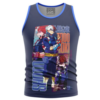 A streetwear tank top in navy blue with blue trim, featuring bold, stylized illustrations of Midoriya Izuku from My Hero Academia and his name in both English and Japanese text.