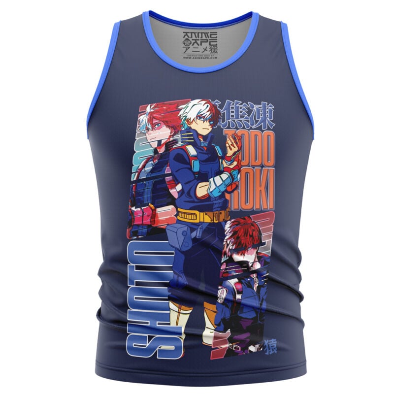 A streetwear tank top in navy blue with blue trim, featuring bold, stylized illustrations of Midoriya Izuku from My Hero Academia and his name in both English and Japanese text.