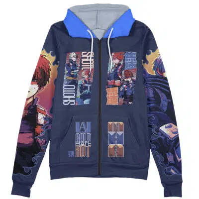 A navy blue zip-up hoodie featuring anime-style graphics of Midoriya Izuku from My Hero Academia in various poses, with Japanese text and "Midoriya Izuku V2" printed on the front panels and sleeves.