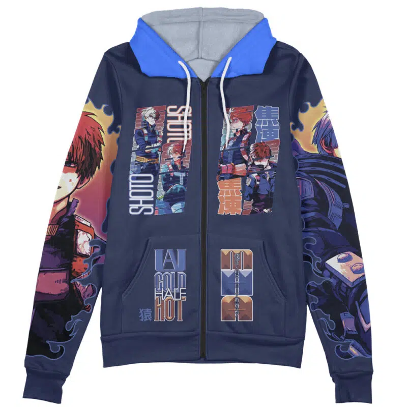 A navy blue zip-up hoodie featuring anime-style graphics of Midoriya Izuku from My Hero Academia in various poses, with Japanese text and "Midoriya Izuku V2" printed on the front panels and sleeves.
