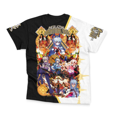 The Furina Genshin Impact Streetwear T-Shirt features black and white split short sleeves, vibrant anime characters in colorful outfits with gold accents, "THE PLATINUM DIGITAL WAVE" on the back, and stylized text and graphics on the sleeves.