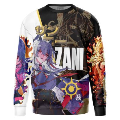 The Furina Genshin Impact Streetwear Sweatshirt features anime-style characters in bold shades of blue, purple, gold, and red with striking Japanese text and graphics on a dynamic dark and light background.