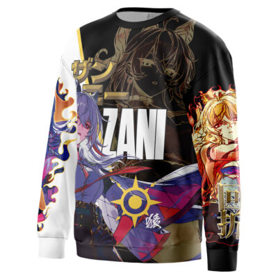 The Furina Genshin Impact Streetwear Sweatshirt showcases dynamic anime-style characters, bold Japanese text, and graphic designs in black, white, gold, red, and blue. The characters feature dramatic poses and vibrant costumes.