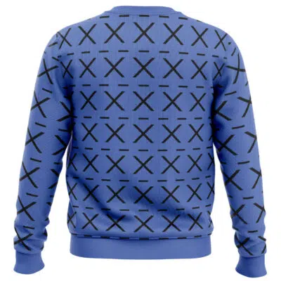 The BoJack Sweater Bojack Horseman Ugly Christmas Sweater features a blue base with large black Xs and horizontal dashes, covering the entire back, sleeves, and waistband. Shown from the back.