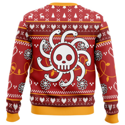 The Gohan Dragon Ball Z Ugly Christmas Sweater features a festive red design with a white skull and tentacles on the back, plus pixel art hearts, trees, and reindeer. Yellow cuffs, waistband, and collar add a cheerful holiday touch.
