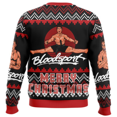 The Ethan Cosplay The Night Before Ugly Christmas Sweater features a martial artist doing the splits, "Bloodsport" text, "Merry Christmas," and festive red, white, and black patterns on the sleeves and back.
