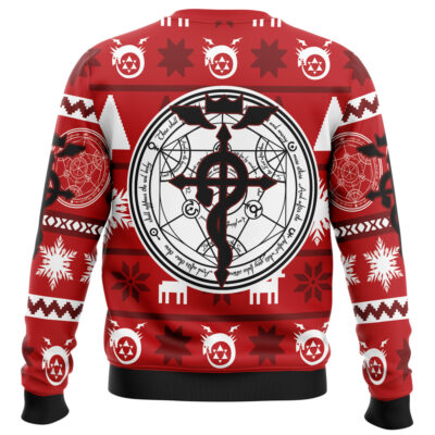A red Mikasa Attack On Titan Ugly Christmas Sweater with white and black snowflakes, geometric patterns, and large alchemy-inspired symbols on the back, sleeves, and shoulders.
