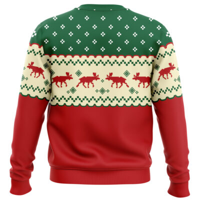 The Jigglypuff Not A Silent Night Pokemon Ugly Christmas Sweater features festive green, cream, and red sections with red moose and geometric patterns for a classic holiday look.