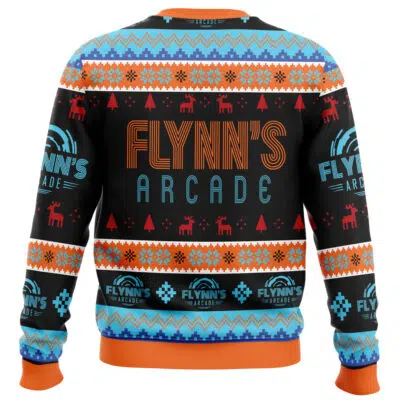 A festive Talladega Nights The Ballad Of Ricky Bobby Ugly Christmas Sweater with bold retro lettering, blue, orange, and red pixel-style patterns, reindeer, trees, arcade logos, plus orange collar, cuffs, and waistband.