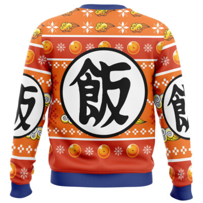 The Blasted Billy Garbage Pail Kids Ugly Christmas Sweater features bold black Japanese kanji in a white circle, with orange balls, clouds, and snowflakes on an orange background, blue collar and cuffs.