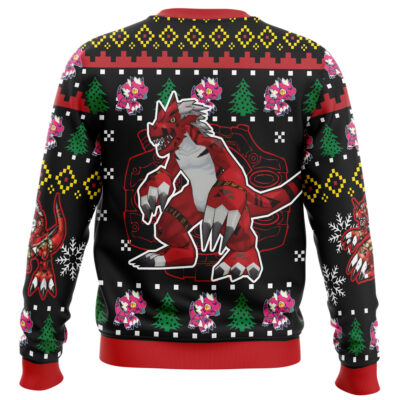 The Christmas Hollow Knight Totem Ugly Christmas Sweater features a bold dinosaur-like creature at the center, pixel-style snowflakes, Christmas trees, small pink creatures, and red collar and cuffs for a festive look.