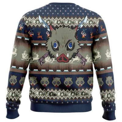 The Giyu Tomioka V2 Demon Slayer Ugly Christmas Sweater features a bold boar's head, crossed swords, rows of smaller boar faces, zigzag patterns, and silhouettes of warriors on a dark blue and earthy-toned background.