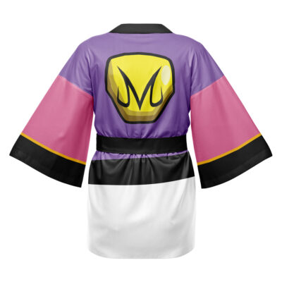 The Perfect Cell Dragon Ball Z Happi Coat Haori Kimono features a purple top, pink sleeves with black and yellow cuffs, a black waistband, white lower section, and a large yellow stylized "M" emblem on the back.