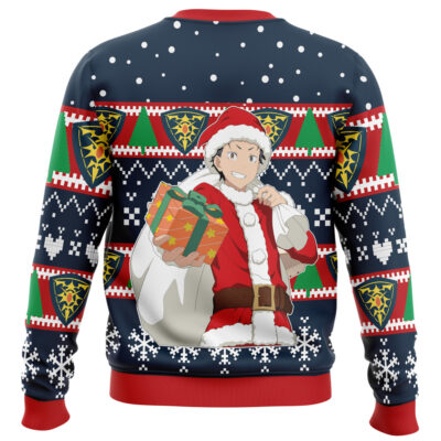 The Emilia Re Zero Ugly Christmas Sweater features an anime-style Emilia as Santa holding a gift, with festive snowflakes, hearts, and shield patterns in red, green, white, and navy blue.