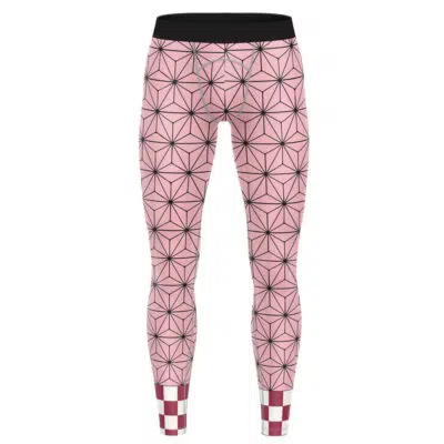 Nezuko Kamado V2 Demon Slayer Compression Pants Spats feature pink fabric with a black geometric star pattern, black waistband, and red-and-white checkered accents on the lower legs.