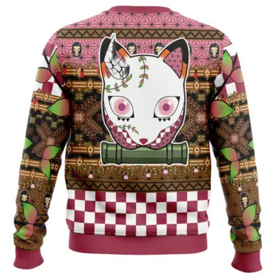 The Zenitsu Agatsuma V2 Demon Slayer Ugly Christmas Sweater features a vibrant design with a large white fox mask, pink accents, green bamboo, geometric patterns, floral elements, and playful cartoon characters on a festive background.