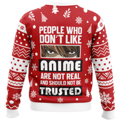 The People Who Don’t Like Anime Ugly Christmas Sweater features red and white colors, snowflakes, dots, Christmas trees, bold text on the back, and intense anime eyes at the center.