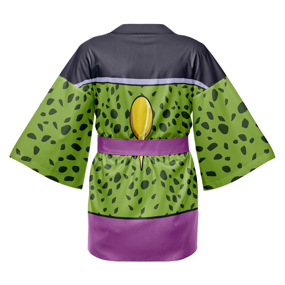 The Piccolo Dragon Ball Z Happi Coat Haori Kimono features a green and black spotted pattern, purple belt and hem, and a yellow oval on the back, inspired by the anime character.