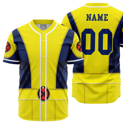 The Personalized Default Baseball Jersey (Copy) is a custom yellow and blue X-Men-inspired jersey with an X logo on the front and sleeves, plus your name and number 00 printed on the back.