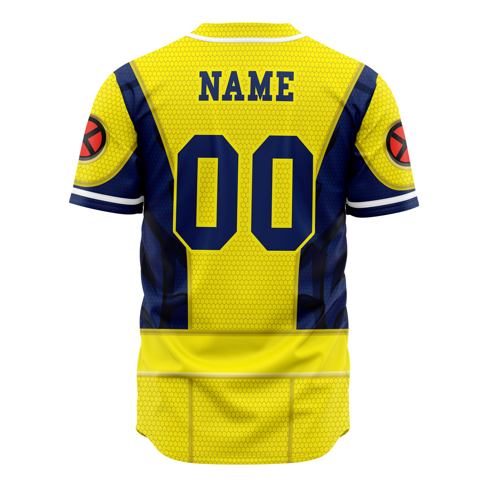 Back view of the Personalized Default Baseball Jersey (Copy): yellow and blue with hexagon patterns, NAME above 00 in blue, and red X logos on each sleeve.