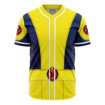 The Personalized Default Baseball Jersey (Copy) features a yellow and blue design with honeycomb patterns, red X logos, white front buttons, and white-striped sleeves, inspired by a superhero costume.