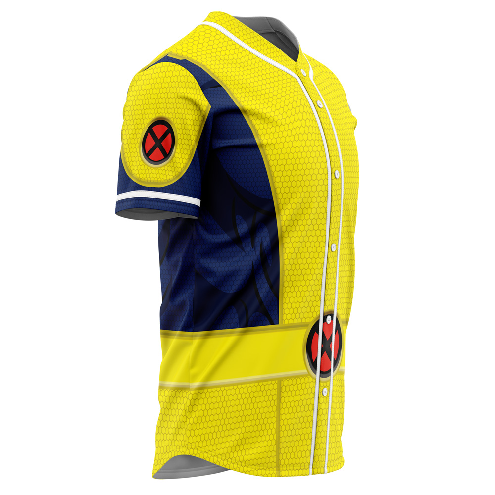 The Personalized Default Baseball Jersey (Copy) is a short-sleeved top inspired by Wolverine's yellow and blue costume, featuring honeycomb patterns, blue accents, and red X-Men logos on the sleeve and belt area.