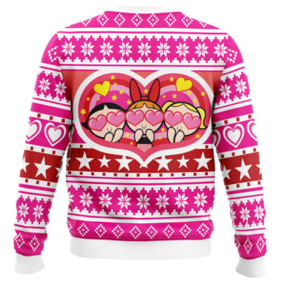 The Rush Drummer Neil Peart Ugly Christmas Sweater features pink, red, and white patterns, with cartoon characters inside a heart on the back, wearing heart-shaped glasses and surrounded by stars and hearts.