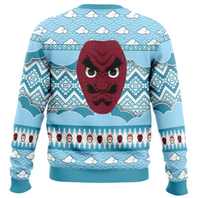 The Akaza Demon Slayer Ugly Christmas Sweater features blue fabric with white clouds, geometric patterns, a bold red mask with fierce eyes and mustache at the center, and a row of small illustrated faces along the bottom.