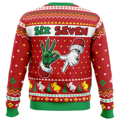 The Funny How Joe Pesci Goodfellas Ugly Christmas Sweater is a red holiday sweater with festive patterns, yellow chickens, a green hand making an OK gesture, a gloved hand pointing, and "SIX SEVEN" in bold on the back.