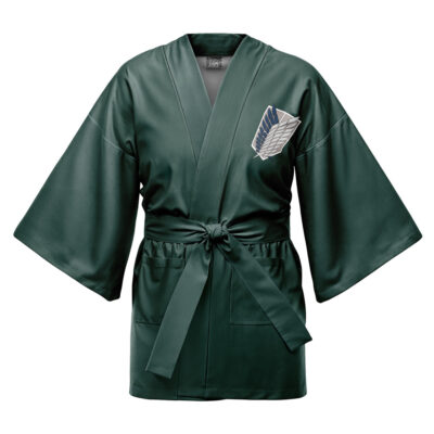 A dark green Military Police Attack on Titan Happi Coat Haori Kimono with wide sleeves, a belt, and a winged emblem patch on the chest.