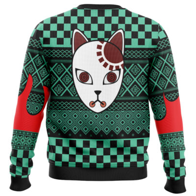 The Nezuko Kamado V2 Demon Slayer Ugly Christmas Sweater features green and black checkered and geometric patterns, red sleeves, and a large white fox mask with red markings on the back in a traditional Japanese style.