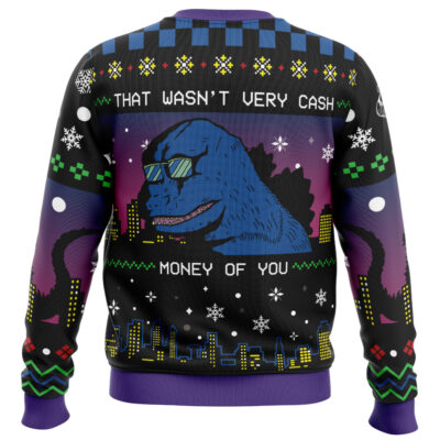 The "I May Have A Touch Of The 'Tism Ugly Christmas Sweater (Copy)" is a vibrant holiday sweater with pixel art, snowflakes, cityscape, and bold text on a purple and black background, perfect for making a festive statement.