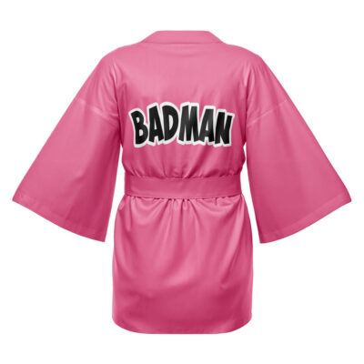 The Vegeta Symbol Dragon Ball Z Happi Coat Haori Kimono is a pink kimono-style robe with wide sleeves, a belt, and "BADMAN" in bold black and white letters on the back.