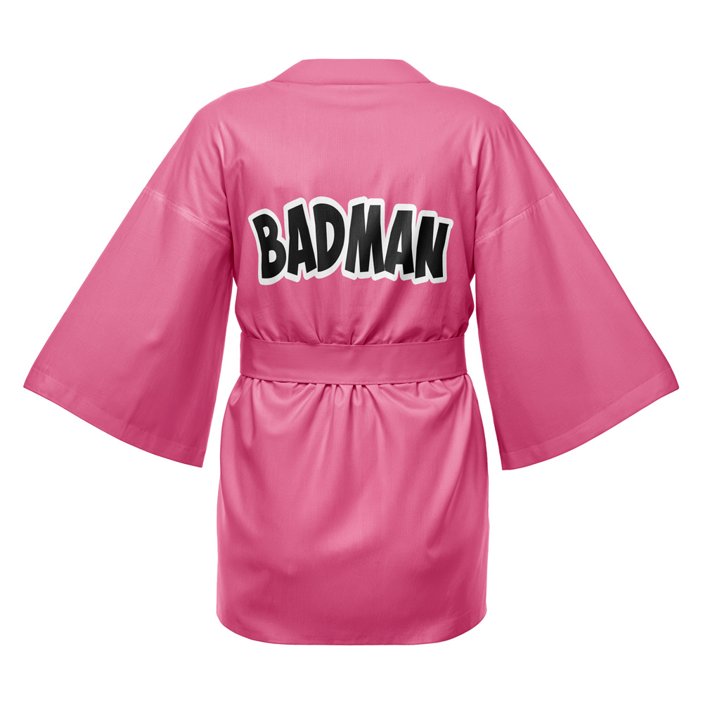 The Vegeta Symbol Dragon Ball Z Happi Coat Haori Kimono is a pink kimono-style robe with wide sleeves, a belt, and "BADMAN" in bold black and white letters on the back.