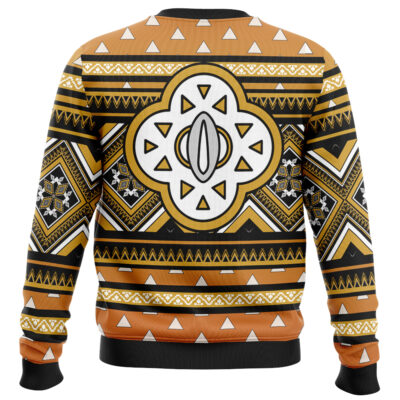 The Luigi Mangione Super Mario Bros Ugly Christmas Sweater (Copy) is a long-sleeve sweater with bold geometric patterns in black, white, and brown, featuring a large abstract motif on the back and symmetrical triangle and zigzag accents.