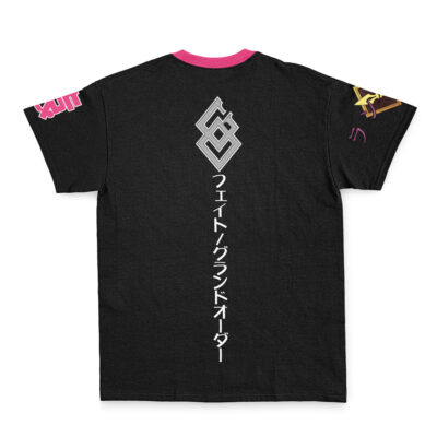 The Cantarella Wuthering Waves Streetwear T-Shirt features a black base, pink collar, silver geometric logo, vertical Japanese text on the back, and colorful graphic sleeve designs.