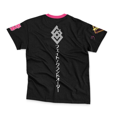 The Cantarella Wuthering Waves Streetwear T-Shirt (Copy) is a black tee with a pink collar and sleeve trim, a bold white logo and vertical Japanese text on the back, plus vibrant graphics on both sleeves.