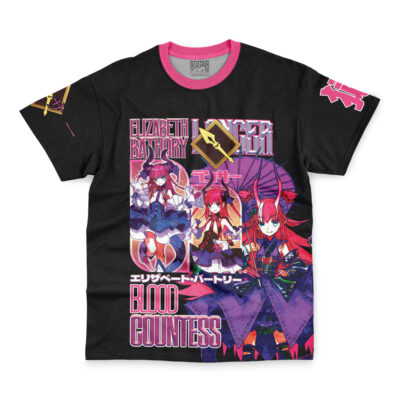 The Cantarella Wuthering Waves Streetwear T-Shirt is a black tee with colorful anime-style Elizabeth Bathory illustrations, “Elizabeth Bathory” and “Blood Countess” in English and Japanese, plus pink accents on the collar and sleeve.