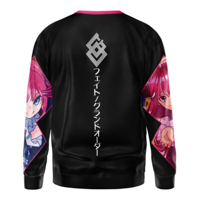 The Cantarella Wuthering Waves Streetwear Sweatshirt is a black jacket with pink trim, anime-style characters on the sleeves, Japanese text, and a geometric logo on the back.