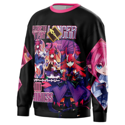 The Cantarella Wuthering Waves Streetwear Sweatshirt features vibrant anime graphics with red-haired characters, bold pink and yellow text, Japanese writing, and graphic details on a black base with pink collar and cuffs.