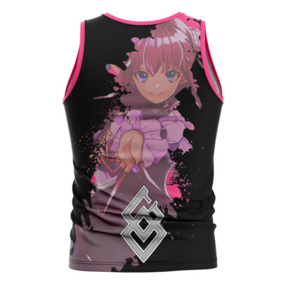 The Cantarella Wuthering Waves Streetwear Tank Top is a sleeveless black top with pink trim featuring an anime girl with pink hair and blue eyes, paint splatter effects, and a silver geometric design near the bottom.