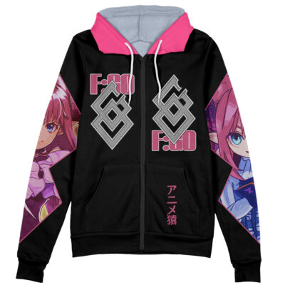 The Cantarella Wuthering Waves Streetwear Zip Hoodie Jacket features a black zip-up design with a pink hood lining, anime-style sleeve characters, bold geometric details, and stylized F:GO plus Japanese text on the front.