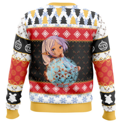 The Default Ugly Christmas Sweater (Copy) features yellow trim, winter motifs of trees, snowflakes, and ornaments, plus an anime-style elf girl with a glowing blue orb on the back set against festive red and black.