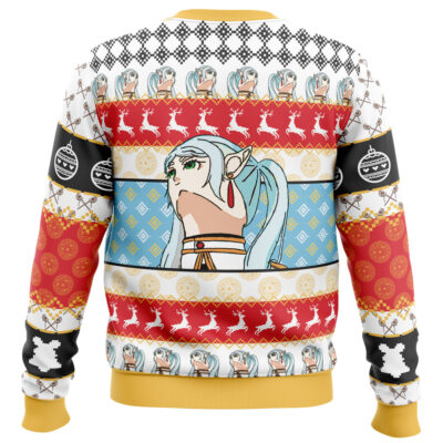 The Christmas Frieren Zoltraak Frieren Beyond the Journey's End Ugly Christmas Sweater showcases a large anime-style elf with blue hair and pointed ears, surrounded by festive patterns, reindeer, ornaments, and holiday-themed designs.