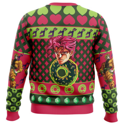 The Default Ugly Christmas Sweater (Copy) showcases anime-style art of a pink-haired man amid green and pink patterns, hearts, circles, and Japanese characters on a black background.