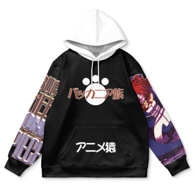 The Shuten-Douji Fate Grand Order Streetwear Hoodie features black and white colors, Japanese text, and vibrant sleeve graphics with bold letters and a purple-and-red character illustration.