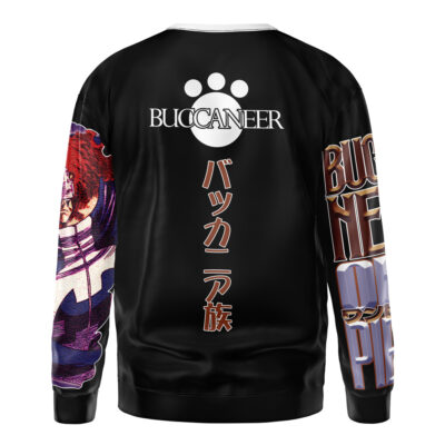 A black Shuten-Douji Fate Grand Order streetwear sweatshirt featuring "BUCCANEER" and a paw print with Japanese characters on the back, plus colorful anime-style sleeve art and bold text.