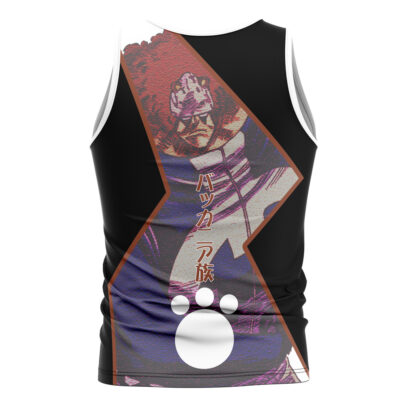 The Shuten-Douji Fate Grand Order Streetwear Tank Top is a sleeveless black top with bold anime-style art of Shuten-Douji, featuring goggles, spiky red and blue hair, Japanese text, and a white paw print on the lower back.